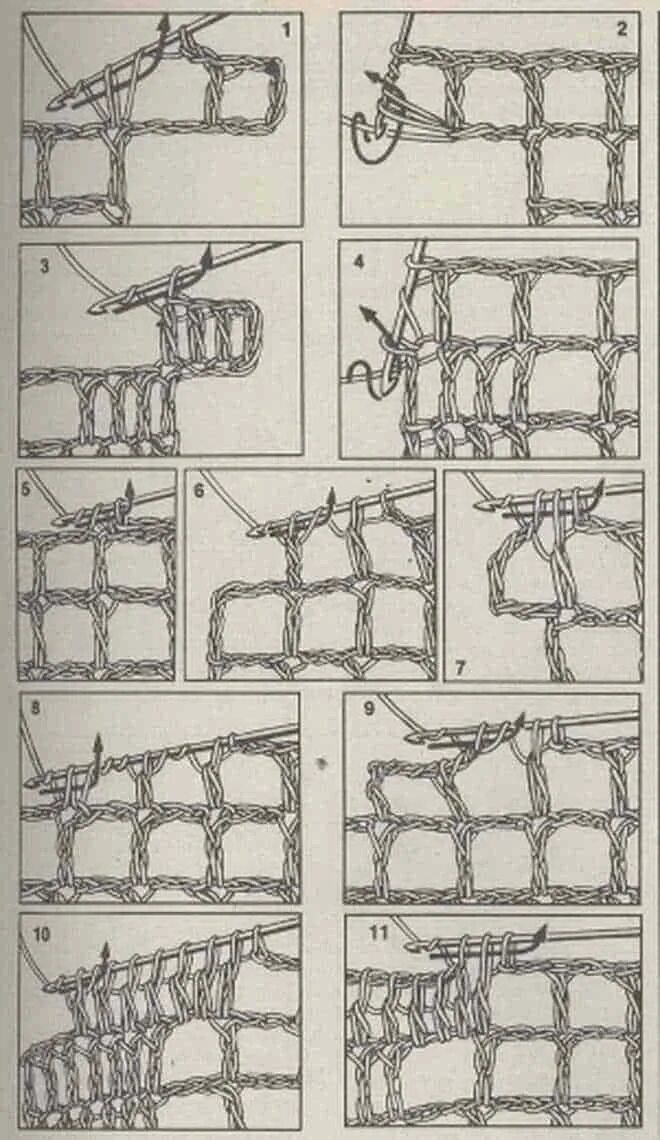 Техника филейной сетки. Филейная техника вязания крючком. Филейное вязание крючком убавление петель. Основы филейной вязки крючком. Клеточки крючком