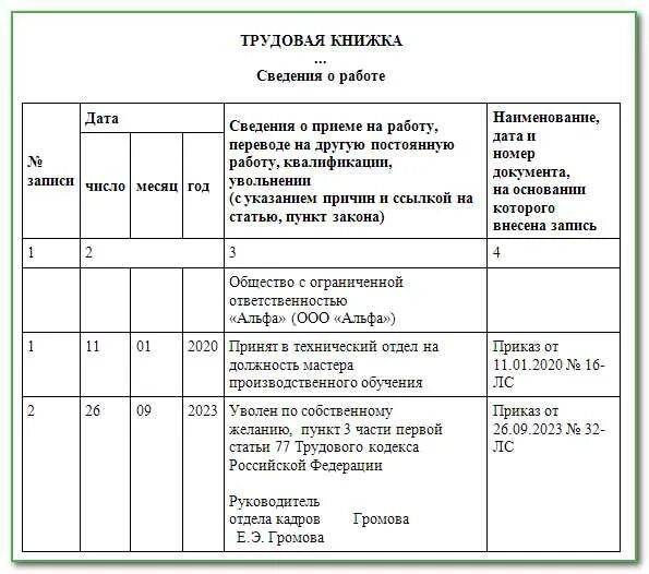 Как уволить в 2023. Запись в трудовой книжке об увольнении по собственному желанию. Запись в трудовую уволена по собственному желанию образец. Запись в трудовой книжке об увольнении по собственному желанию 2023. Запись в трудовой книжке при увольнении по собственному желанию.