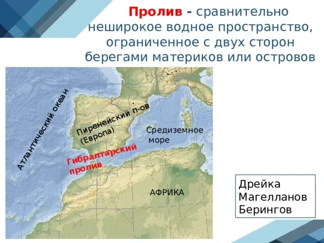 Пролив это. Проливы: Дрейка, Магелланов, Гибралтарский, Берингов.. Гибралтарский пролив по Средиземному морю.