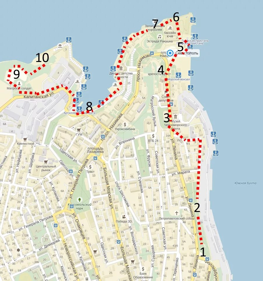 Карта севастополь остановки. Достопримечательности Севастополя на карте. Набережная Севастополя достопримечательности на карте города. Карта схема Севастополя. Пешеходные маршруты Севастополь.