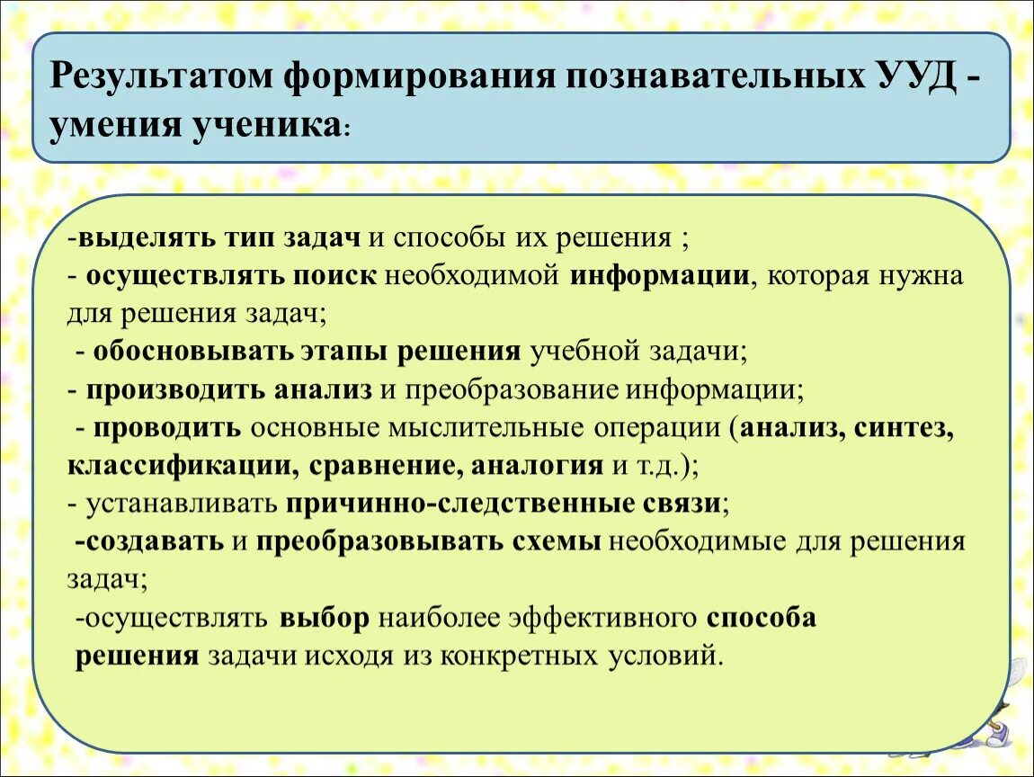 Формируемые Познавательные УУД. Познавательные УУД на уроках. Результаты формирования познавательных УУД. Постановка и решение проблемы УУД.