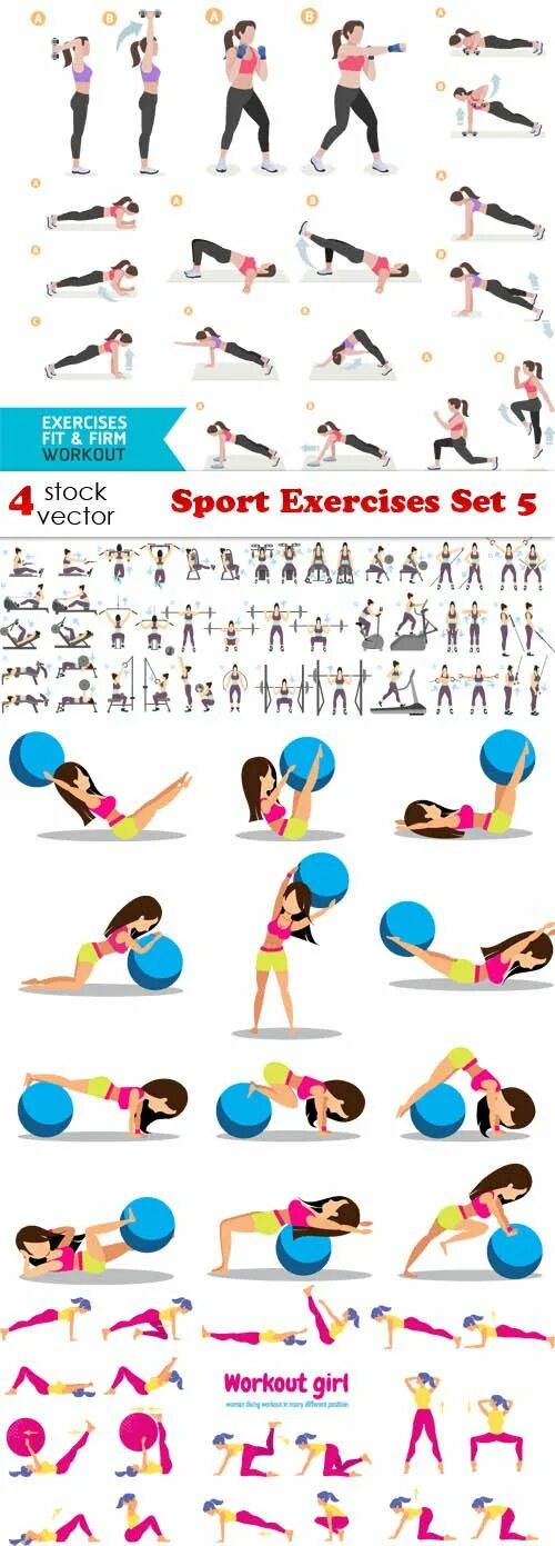 Sports exercises. Sports exercises вектор. Exercises Fit &firm Workout. Set of exercises Retro Style.