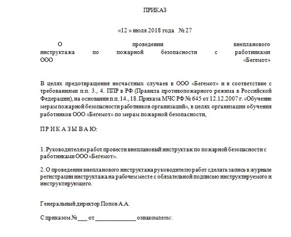 Приказ о внеплановом инструктаже по пожарной безопасности образец. Приказ о проведении инструктажа по пожарной безопасности в школе. Приказ вводного противопожарного инструктажа образец. Приказ о проведении противопожарных инструктажей в ДОУ.