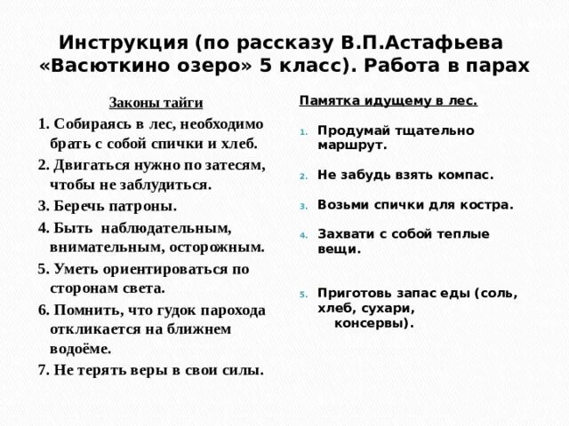 Законы тайги. Памятка как выжить в тайге. Памятка если ты идешь в лес по рассказу Васюткино озеро. Памятка идущему в лес по рассказу. Васюткино озеро уроки тайги таблица