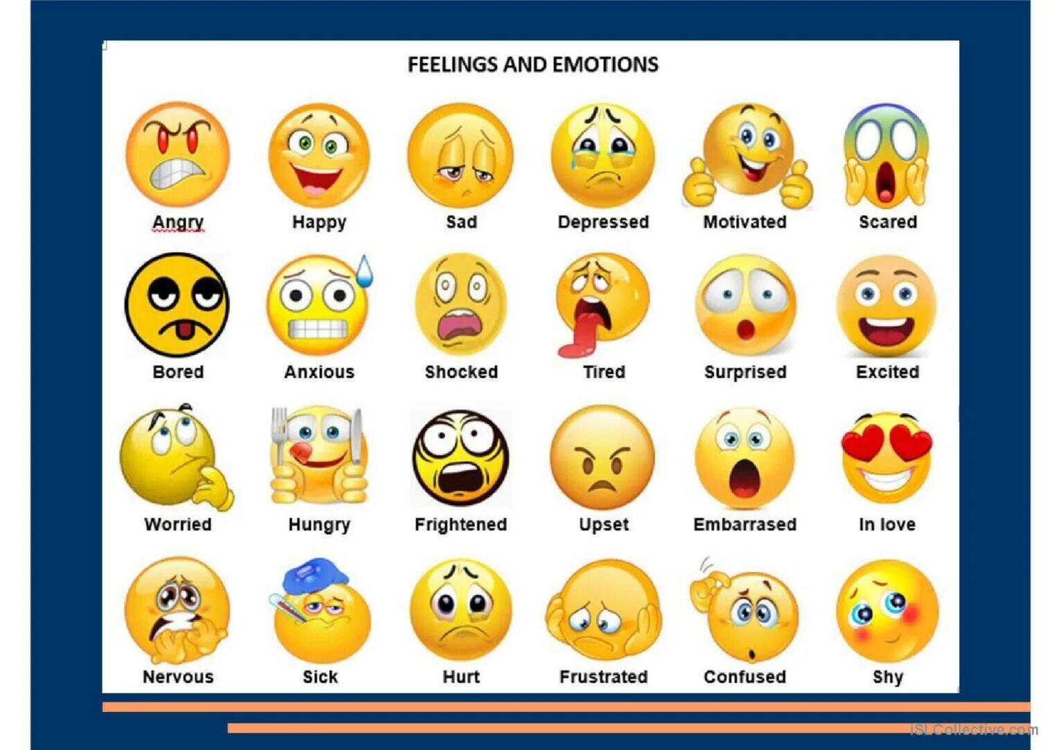 Feelings vocabulary. Смайлики настроения и эмоций с названия. Эмоции и чувства на английском. Эмоции на английском для детей. Emotions in English.