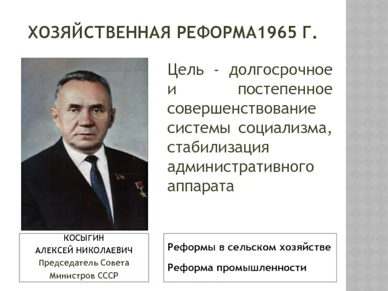 К итогам экономической реформы косыгина можно отнести. Председатель совета министров в 1965. Реформы Косыгина 1965 года. Реформа промышленности Косыгина 1965.