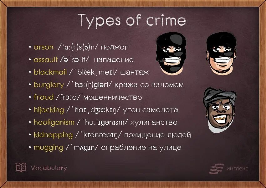 Crimes in society. Виды преступлений на английском. Crime Vocabulary. Types of Crimes in English.