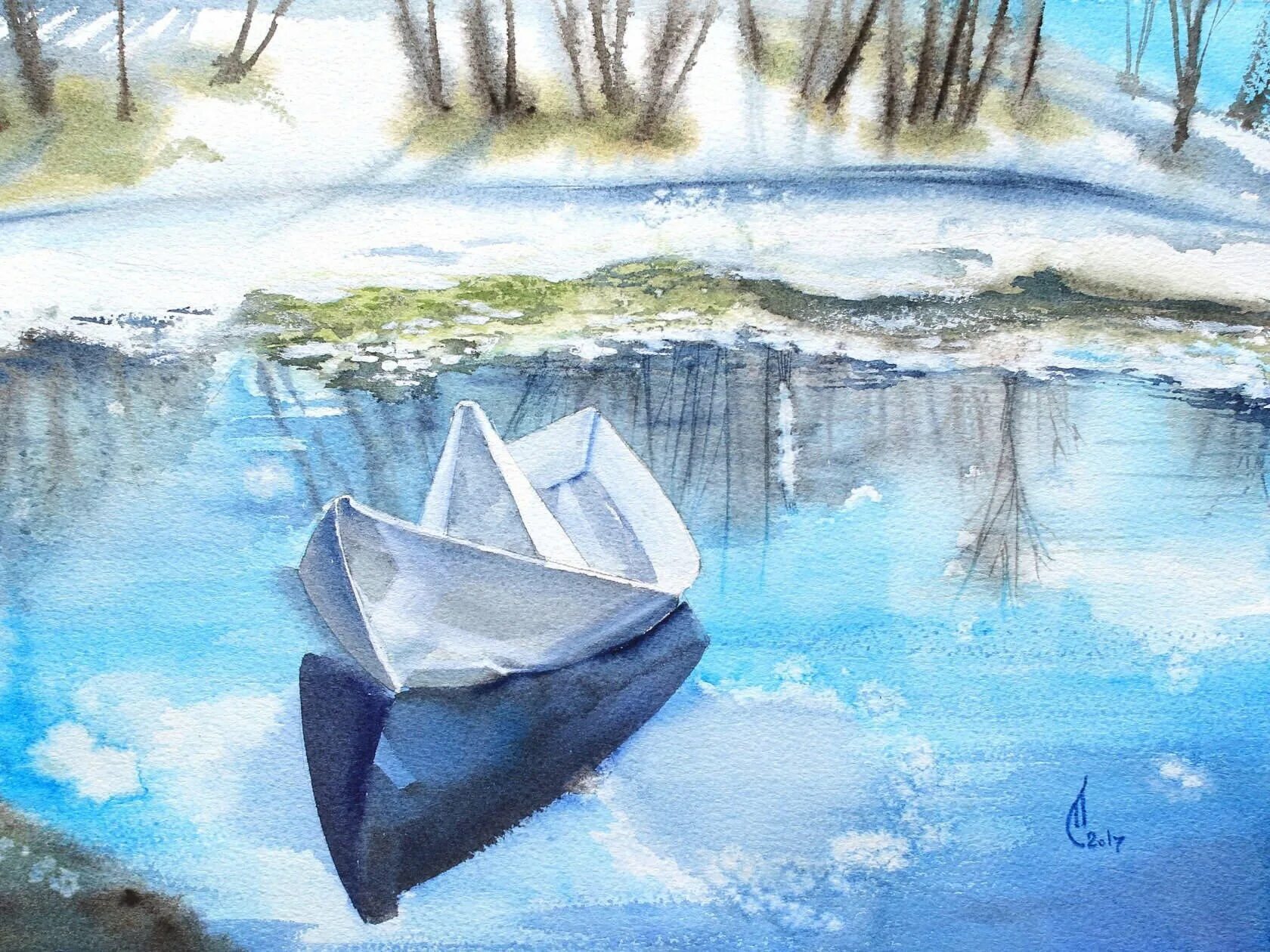 Отражение тема дня. Бумажный кораблик в ручье. Весенний бумажный кораблик. Весенние ручьи акварель. Весенние кораблики.