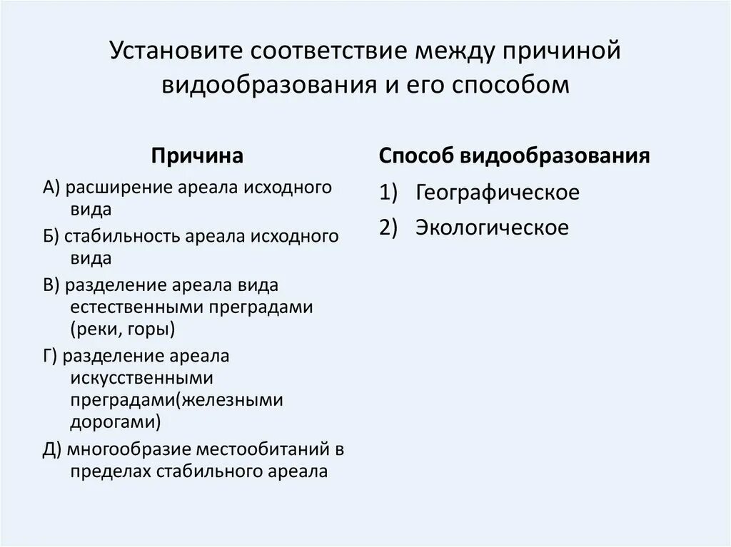 Установите соответствие. Причины видообразования способы видообразования расширение ареала. Причина видообразования расширение ареала.