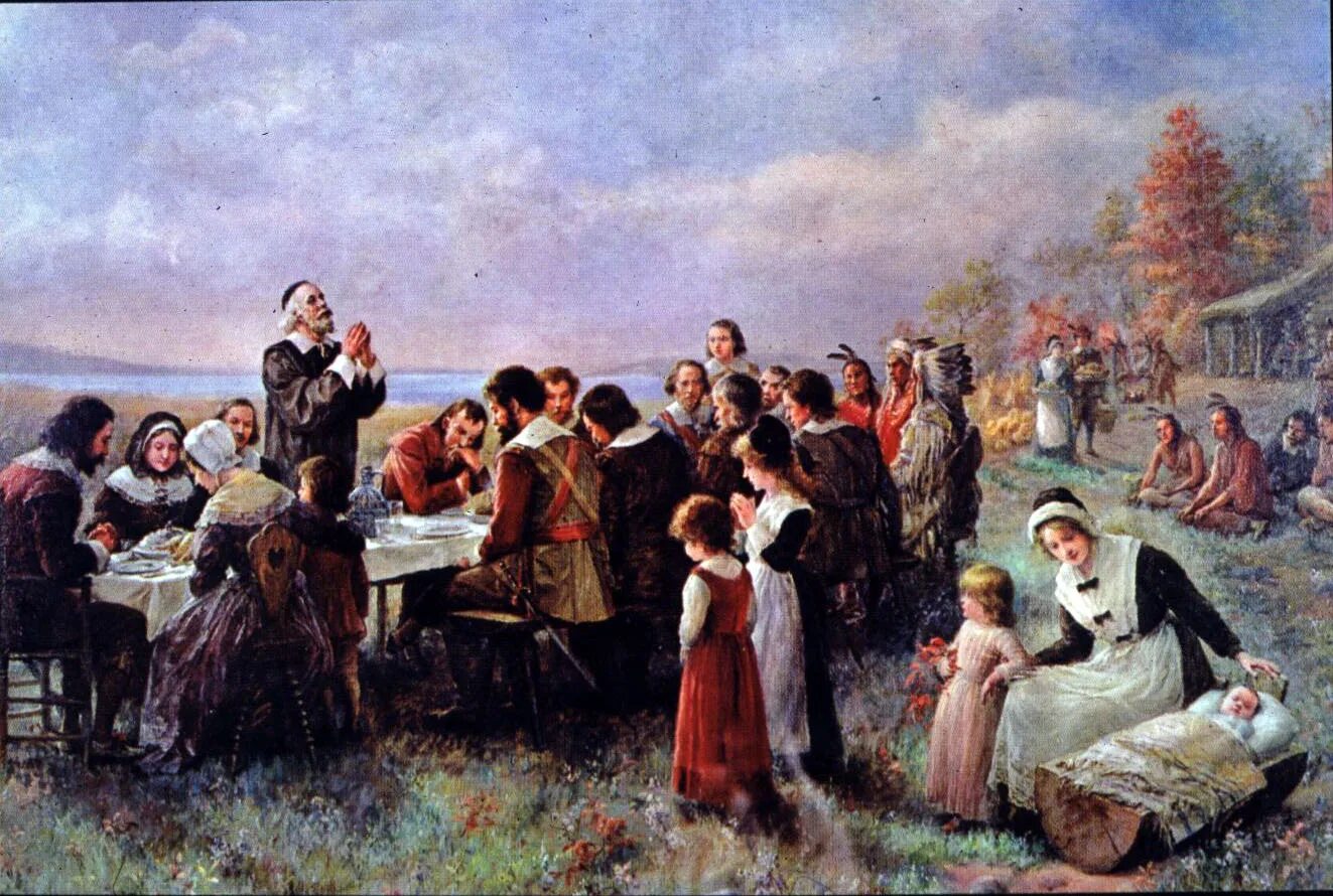 Первые пилигримы. День Благодарения. День Благодарения картина. День Благодарения в США картина. Пуритане фото.