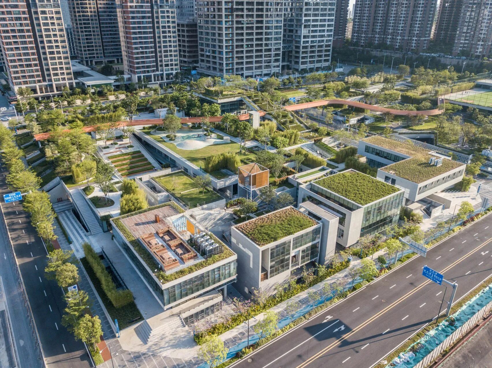 Кампус Хуавей Шеньжень. Проект зеленой крыши. Сад на крыше визуализация. Современная архитектура Шэньчжэнь. Китайский project