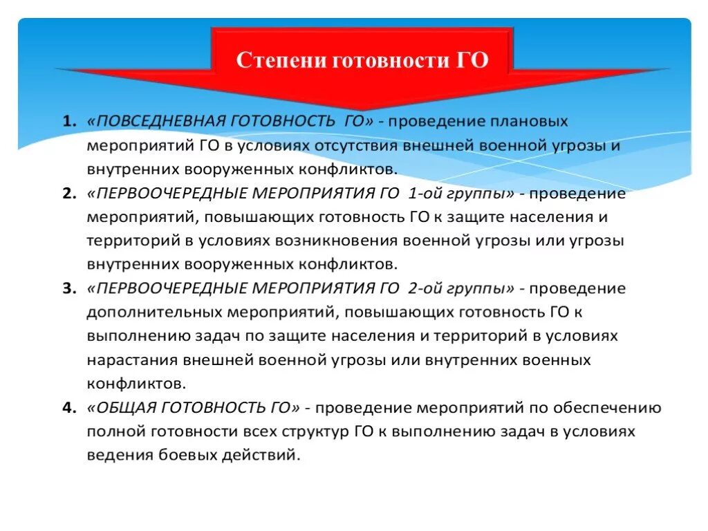 Необходимые условия для ведения. Перечислите степени готовности гражданской обороны. Назовите степени готовности органов управления сил го. Степени готовности гражданской обороны и их краткая характеристика. Степени готовности для гражданской обороны РФ.