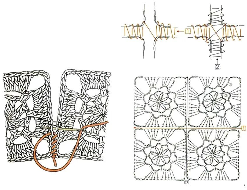 Схема безотрывного соединения мотивов. Соединение вязаных квадратов крючком. Соединение вязаных мотивов крючком. Ажурное соединение квадратов. Соединение деталей крючком