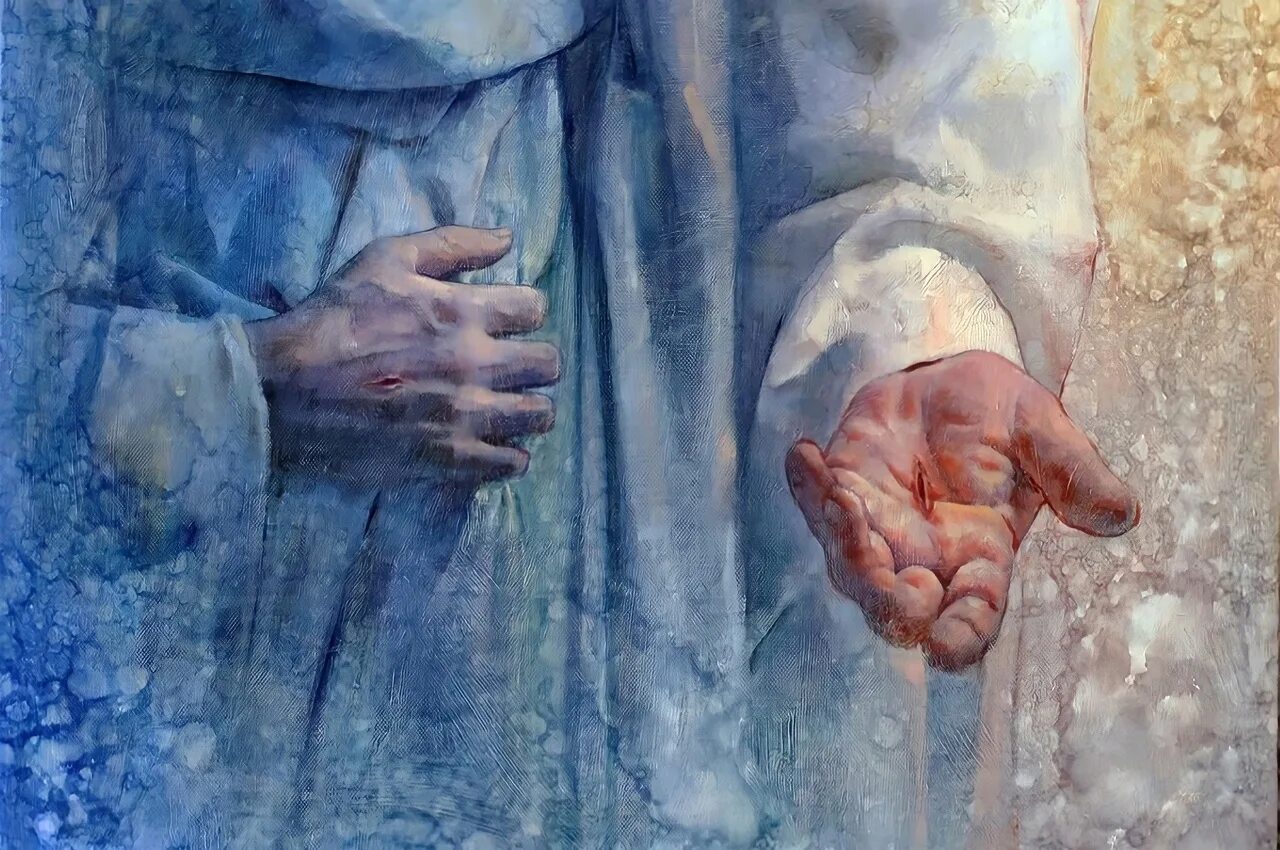 Кающийся видящий. " Иисус. Бог и человек". ( Jesus).. Художник yongsung Kim. Христианская живопись. Христос протягивает руку.