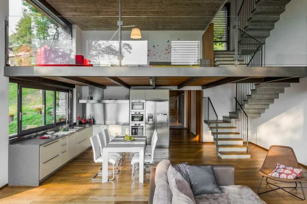 Антресольный ярус с потолками 2. Лестница лофт в антресольный этаж. Помещения над жилыми. Интерьер с высокими потолками. Интерьер хайфлэт.