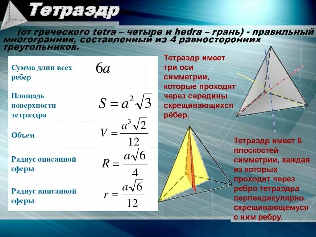 Площадь поверхности тетраэдра. Высота правильного тетраэдра формула. Правильный тетраэдр. Правильный тетраэдр формулы. Объём тетраэдра формула.