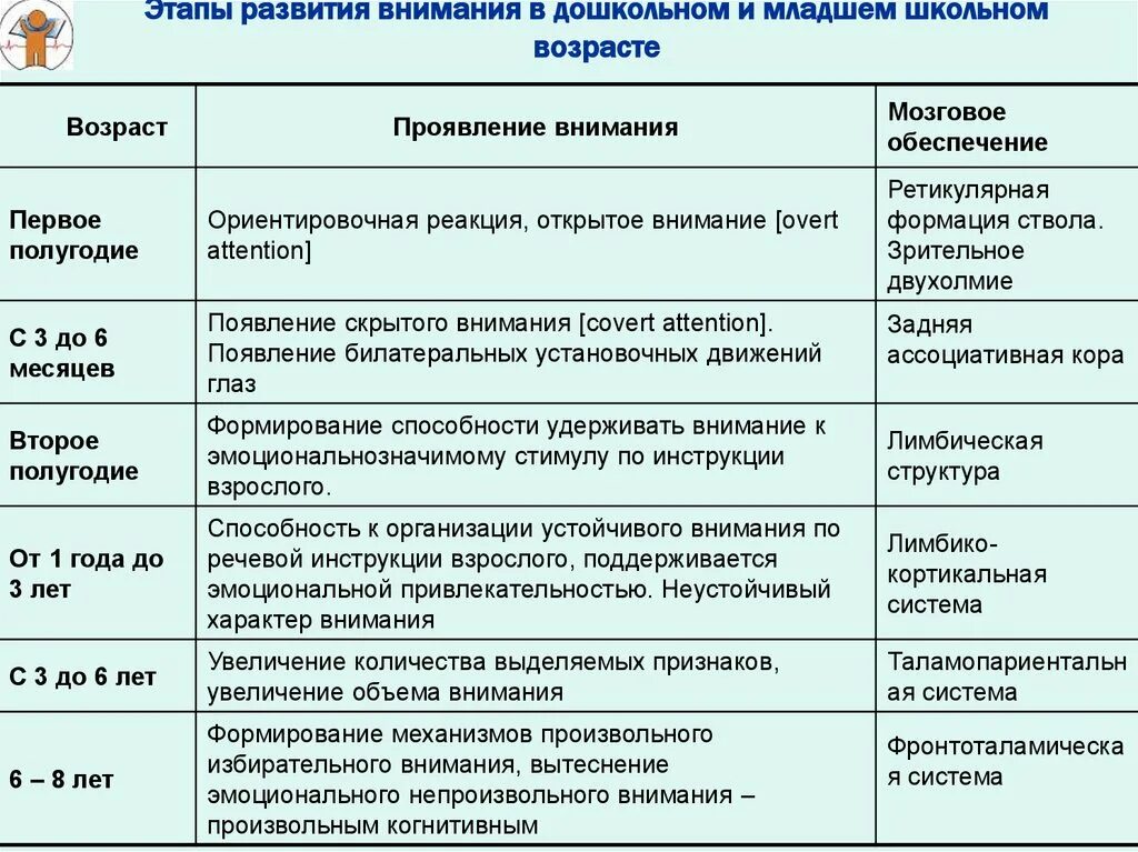 Характеристики этапов развития внимания. Развитие и сохранение внимания в различные возрастные периоды. Таблица стадий развития внимания 3 стадии. Этапы развития внимания в дошкольном возрасте.