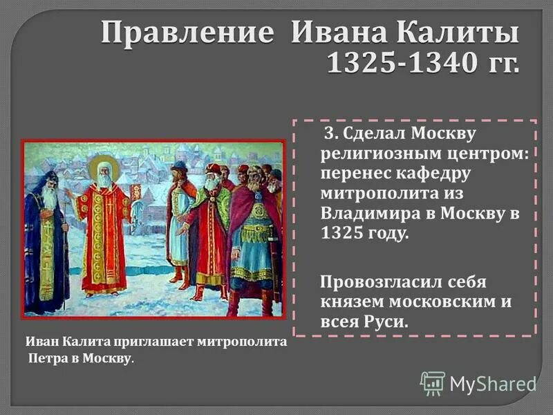 Правление ивана калиты 6 класс кратко. Перенесение кафедры митрополита из Владимира в Москву.