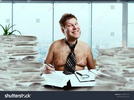 Crazy businessman in tie on the naked body. 