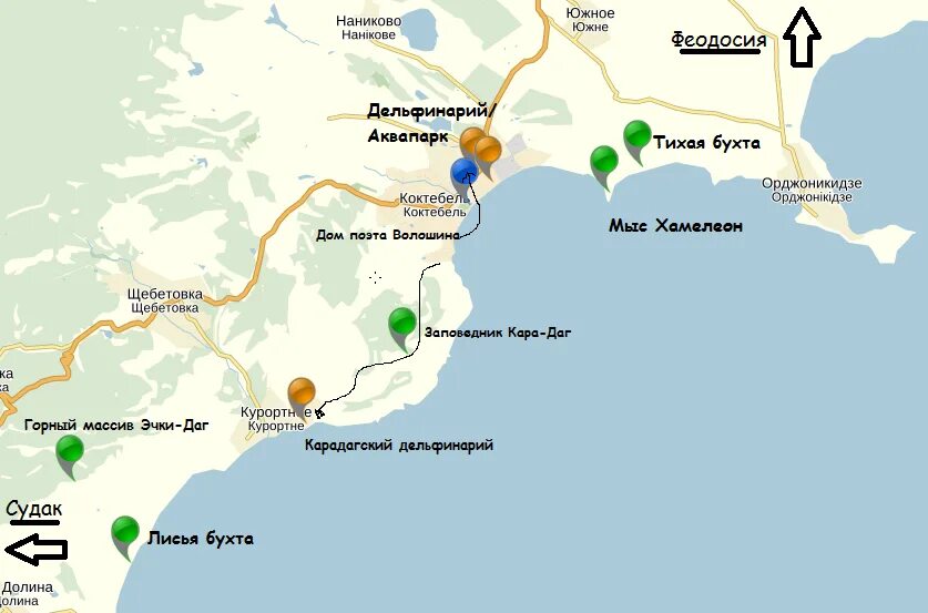 Тихая бухта Коктебель на карте. Орджоникидзе Феодосия Коктебель карта. Биостанция Феодосия Коктебель карта. Лисья бухта карта Феодосия.