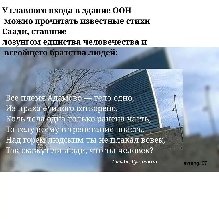 Написать в оон. Стихи на здании ООН. Надпись на здании ООН. Стих про ООН. Стих Саади в ООН.