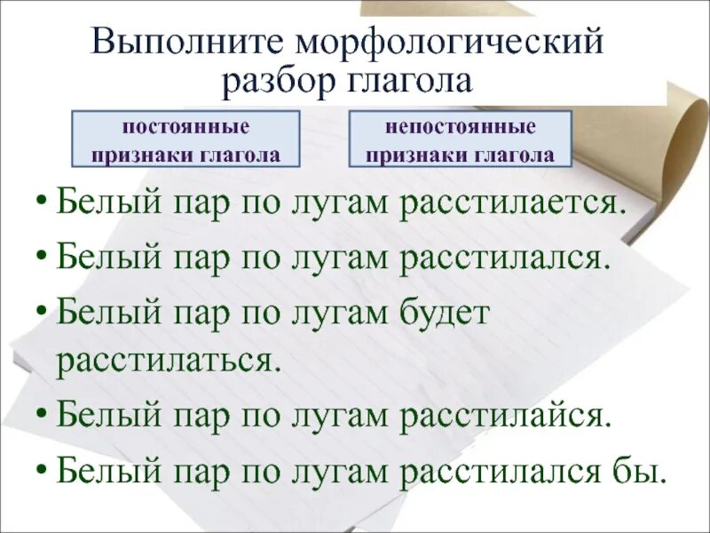 Морфологический разбор глагола постоянные и непостоянные признаки. Признаки морфологического разбора глагола. Белым разбор морфологии. Расстилается морфологический разбор. Разбор глагола с постоянными и непостоянными признаками.