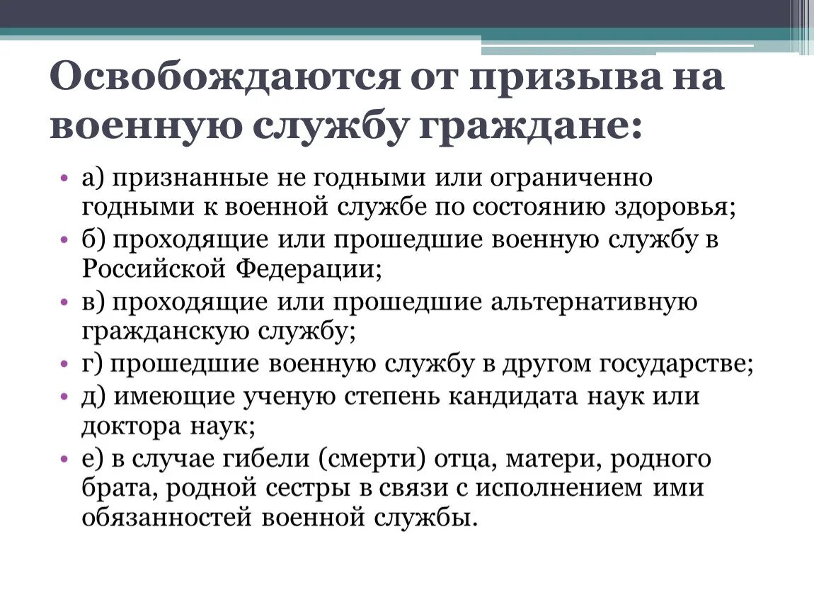 Граждане освобождаемые от военной обязанности. Основания для освобождения от призыва на военную службу. ОО призывап на военную службу освобождатся граждане. Кто освобожден от призыва на военную службу. Категории граждан освобожденных от призыва на военную службу.