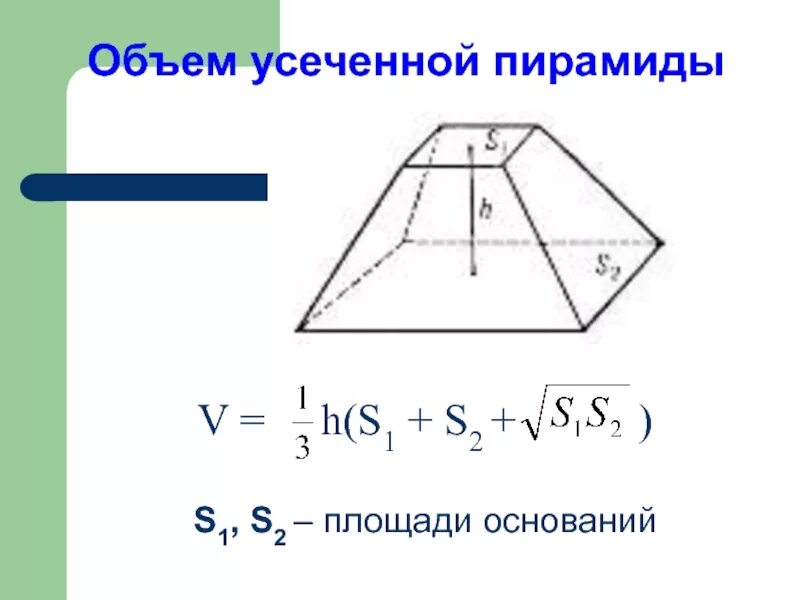 Калькулятор объема трапеции. Усеченная пирамида формула объема. Формула усеченной пирамиды расчет объемов. Объем правильной усеченной четырехугольной пирамиды. Объем правильной усеченной четырехугольной пирамиды формула.