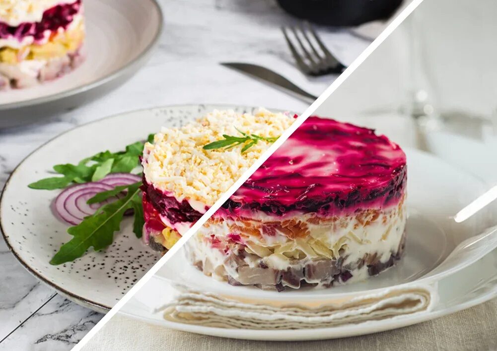 оливье и сельдь под шубой. оригинальная подача селедки под шубой. оригинальная подача селедки под шубой. вареная картошка с селедкой под шубой. селёдка под шубой необычная подача.