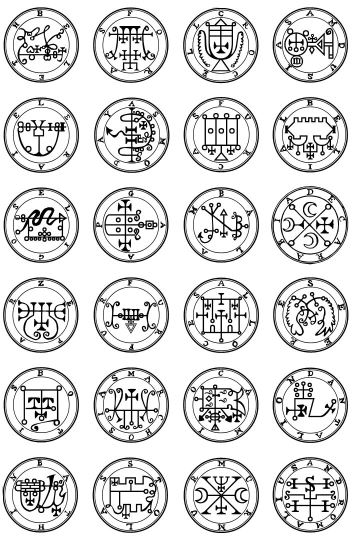 72 демона гоэтии. Печати демонов Гоэтии. Сигилы Гоетия. Демоны Гоэтии печати Соломона. 72 Сигила Гоэтии.