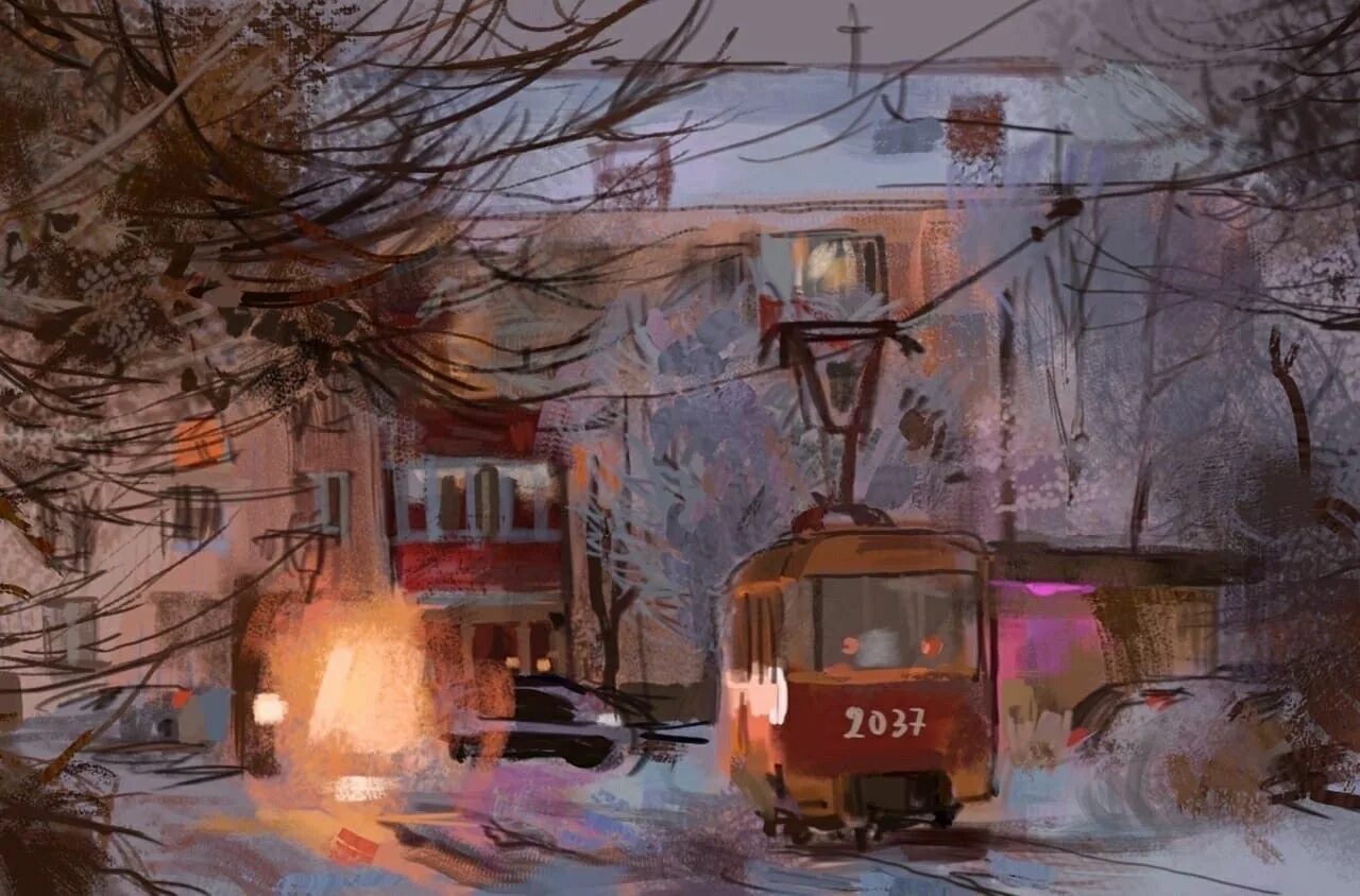 Город трамвай детвора. Живопись Владимира Жданова ночной трамвай. Трамвай 432 Макс Фрай. Ночной трамвай живопись.