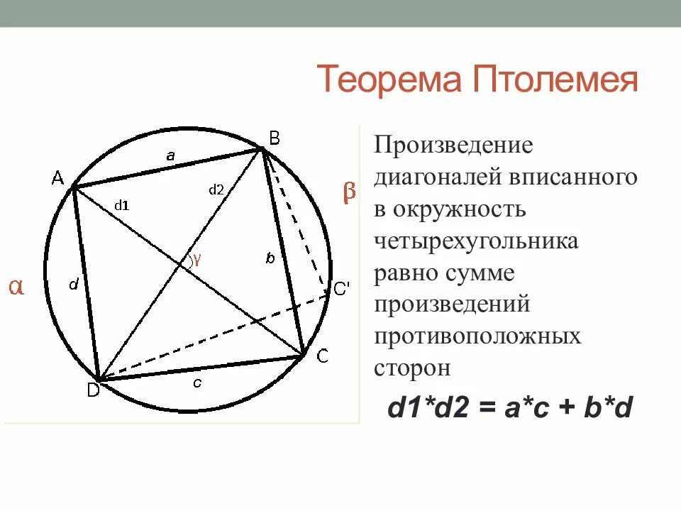 Теорема Птолемея произведение диагоналей вписанного в окружность. Теорема Птолемея для четырехугольника вписанного в окружность. Теорема Птолемея для четырехугольника вписанного в круг. Теорема Птолемея для вписанного четырехугольника.