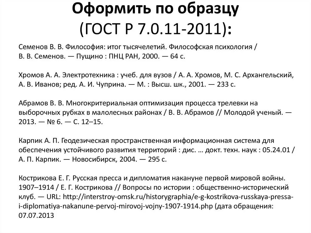 Оформления списка литературы по ГОСТУ Р 7.0.11-2011. ГОСТ Р 7 0 11 2011 список литературы. Оформление списков ГОСТ. ГОСТ В списке литературы по ГОСТУ. Правилам гост р 7.0 5 2008