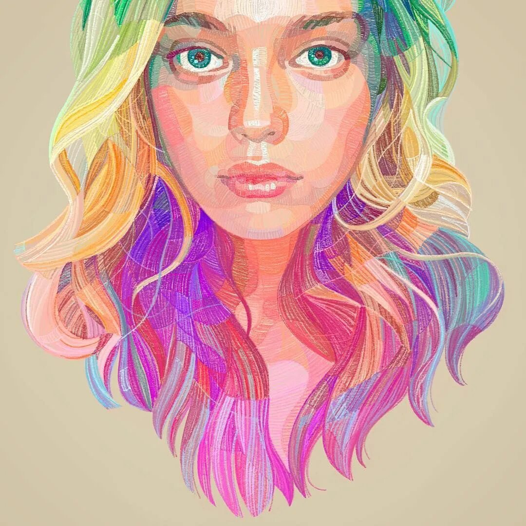 Портрет красками. Яркий портрет. Портрет цветными карандашами. Цветное лицо девушки.