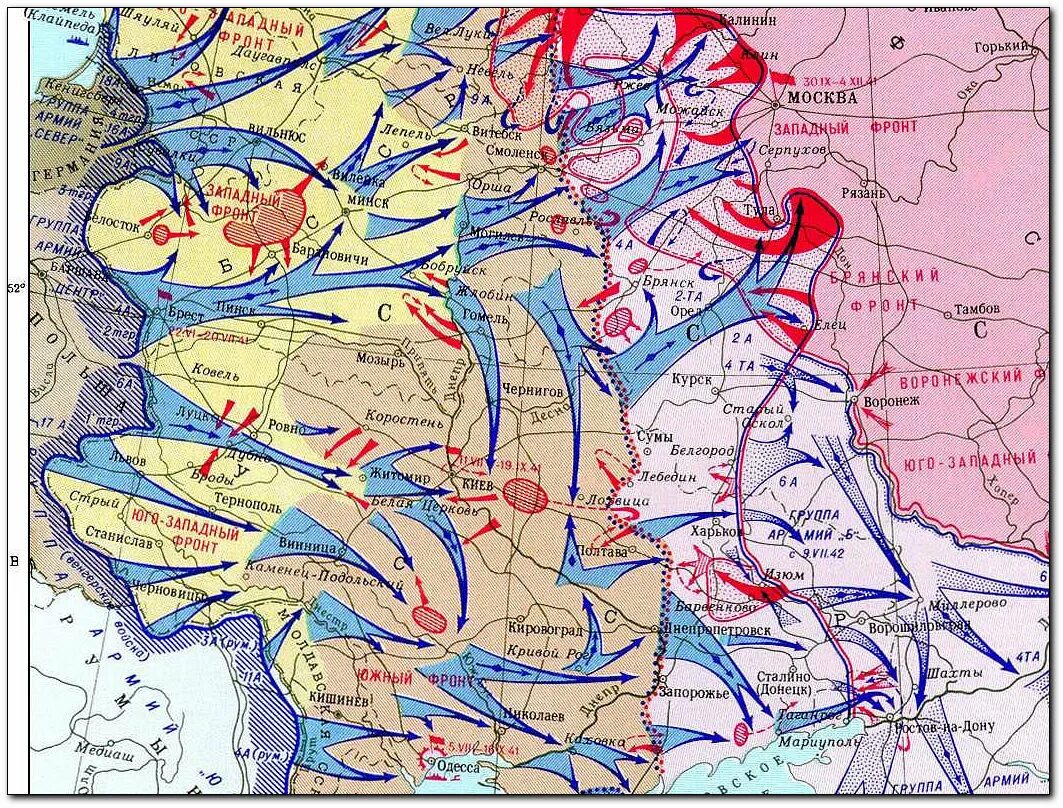 Линия фронта 22 июня 1941. Карта наступлений Великой Отечественной войны 1941-1945. Направление ударов немецкой армии