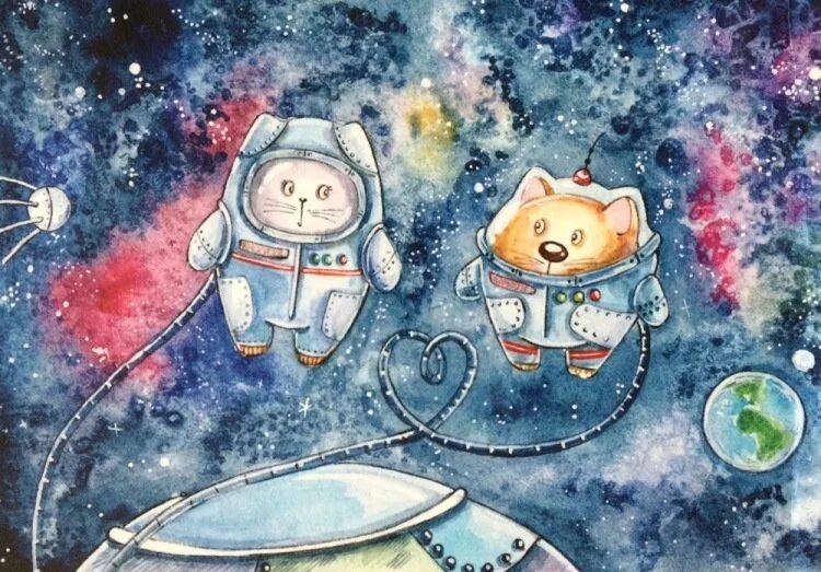 Открытка «космос». Космос рисунок акварелью. Кот космонавт. Космические коты. Кот в космосе рисунок