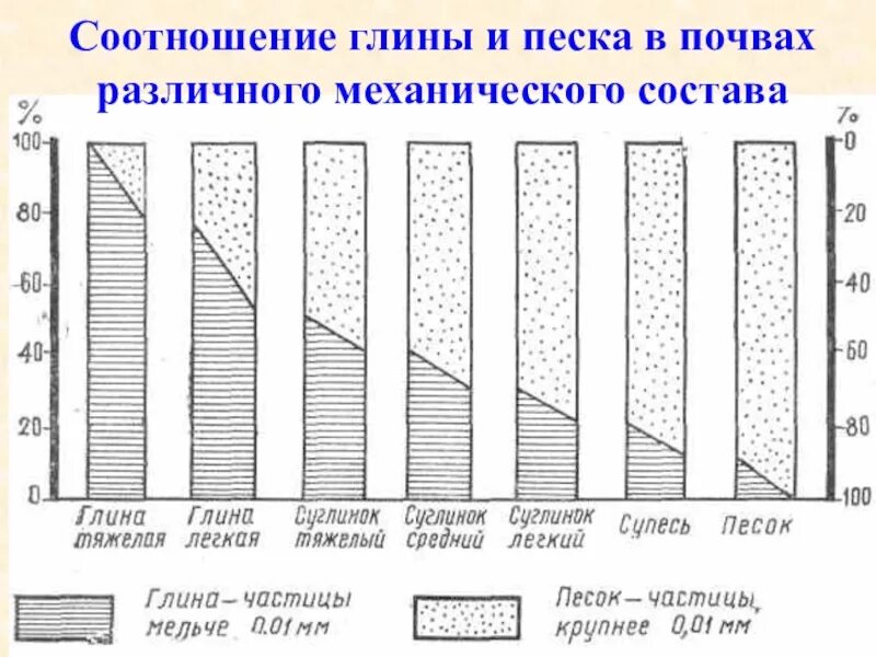 Соотношение глины и песка в почвах различного механического состава. Механический состав почв - % соотношение песка и глины. Соотношение песка и глины в почве. Классификация почв по механическому составу.