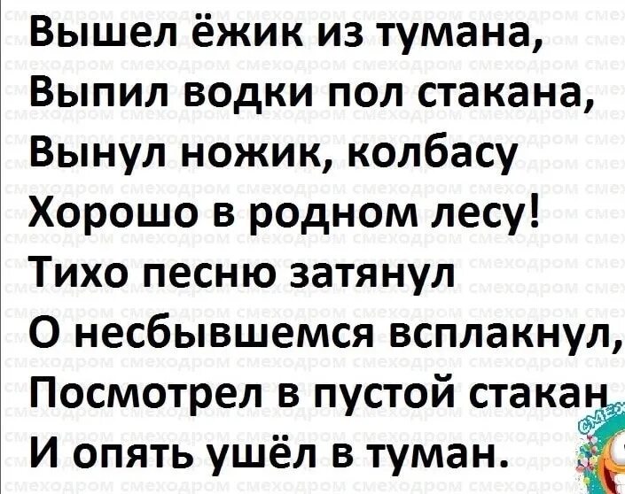 Вышел ежик из тумана содержание. Вышел ежик из тумана выпил водки пол стакана. стих вышел ёжик из тумана. вышел ежик из тумана выпил. считалка вышел ежик из тумана вынул.