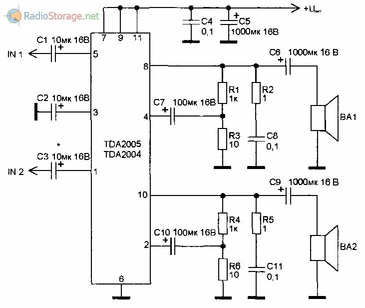 Унч на тда. Схема УНЧ на микросхеме tda2004. Tda2004 схема усилителя звука. Даташит на микросхему tda2005. Принципиальная схема усилителя tda2005.