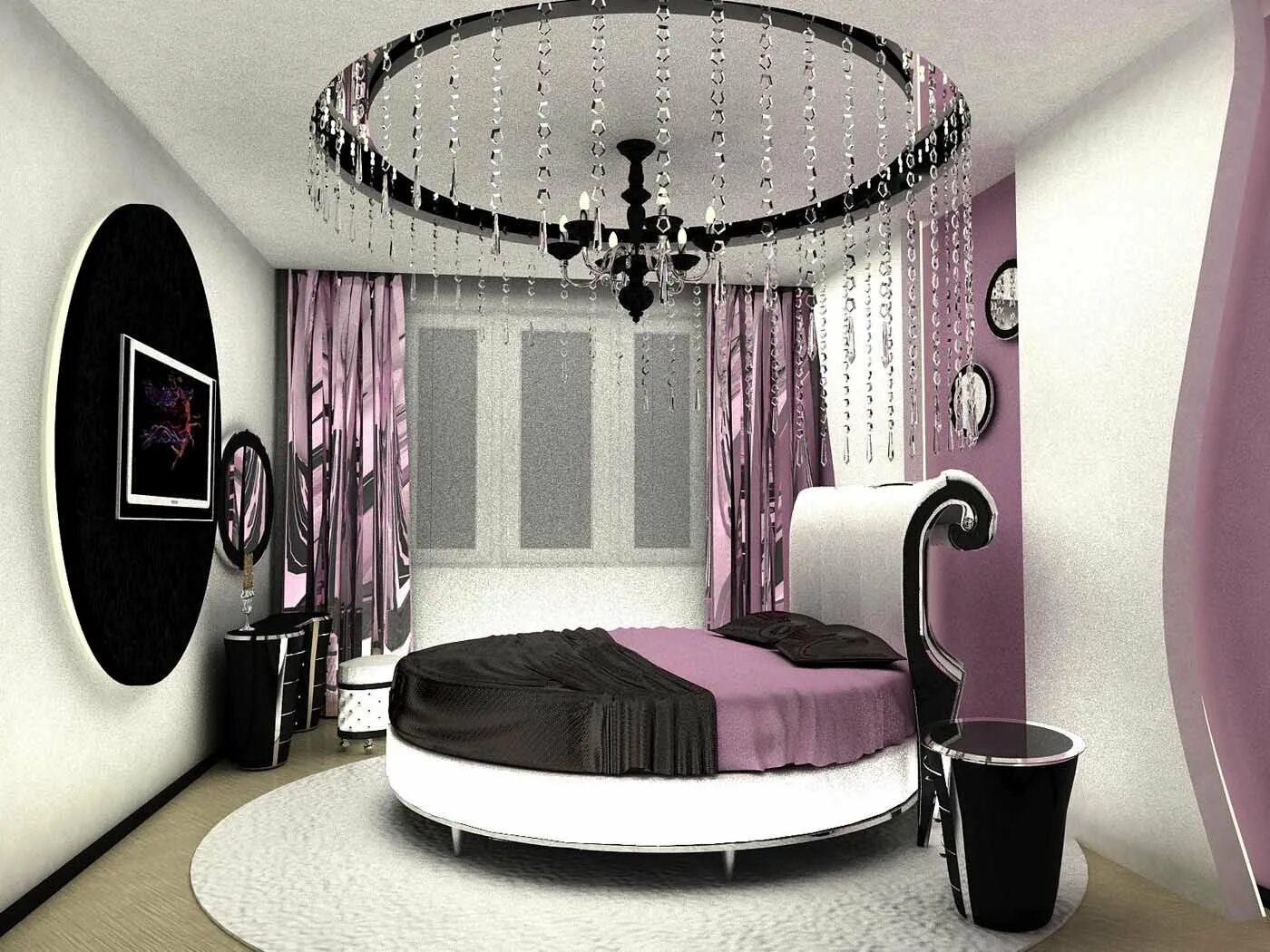 Дизайнерская спальня. Круглая кровать. Комната с круглой кроватью. Необычный интерьер спальни. Дизайн комнате красиво фото