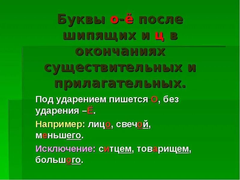 В корне после шипящих без ударения. О-Ё после шипящих и ц в окончаниях. О Е Ё после шипящих и ц в окончаниях прилагательных. О И Е после шипящих и ц в окончаниях существительных и прилагательных. Буквы о и е после шипящих и ц в окончаниях.