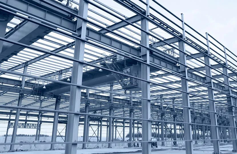 Installation of Metal structures. Metal Construction. Color Steel Tile Factory building. Quick Plate in Steel Construction.