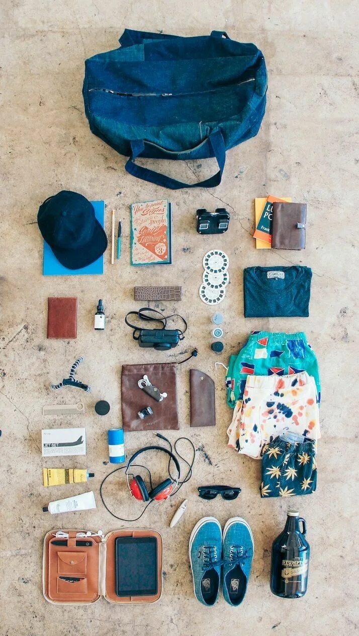 Вещи в путешествие. Вещи путешественника. Необходимые вещи для путешествия. Набор вещей для путешествий.