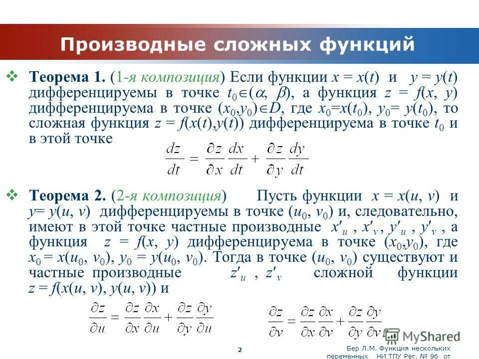 Сложная производная нескольких переменных. Формула частной производной функции двух переменных. Производная композиции функции двух переменных. Полная производная функции нескольких переменных формула. Формулы производных сложных функций нескольких переменных.