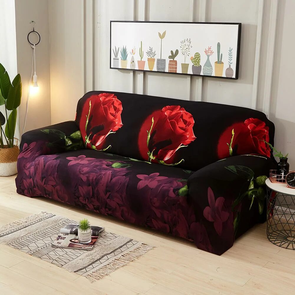 Чехол на диван алиэкспресс. Чехол на диван с розочками. Диван с цветочным принтом. Красный диван с подушками.