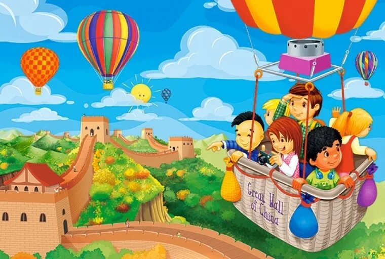 Детские приключения. Пазл Castorland Balloon Ride over the great Wall of China (b-03648), 30 дет.. Путешествие с детьми. Кругосветное путешествие для детей. Детские путешествия.