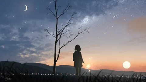 sunset. silhouette. anime. scenery. art. girl. 