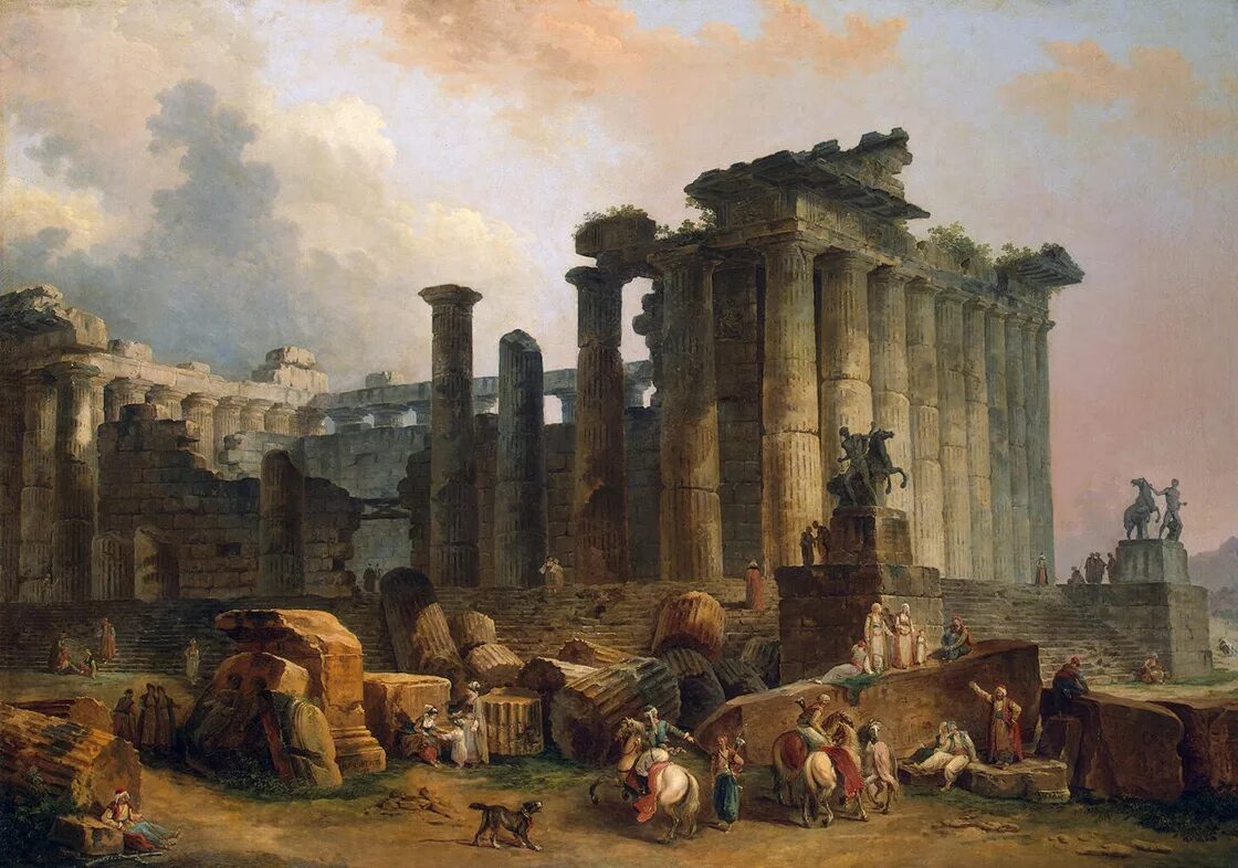 Юбер Робер развалины дорического храма. Юбер Робер (1733–1808). «Руины». Гюбер Робер картины. Гюбер Робер античный храм.