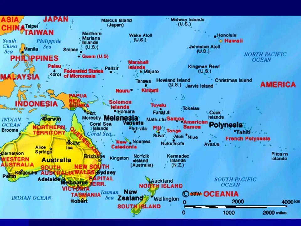Политическая карта Океании. Карта Австралии и Океании. Моря Океании. Физическая карта Австралии и Океании.