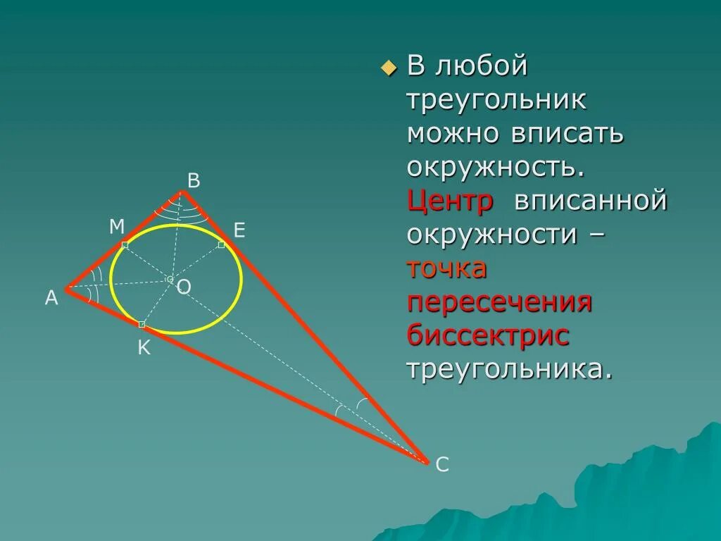 Точка пересечения биссектрис окружность. Точка пересечения биссектрис центр вписанной окружности. Центр вписанной окружности. Биссектриса и центр вписанной окружности. В любой ли треугольник можно вписать окружность